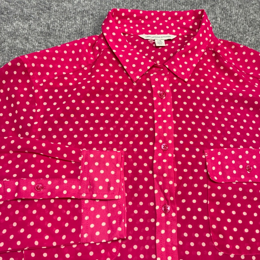 American Eagle Outfitters Pink Polka Dot‎ Button Up Shirt Long Sleeve Blouse L